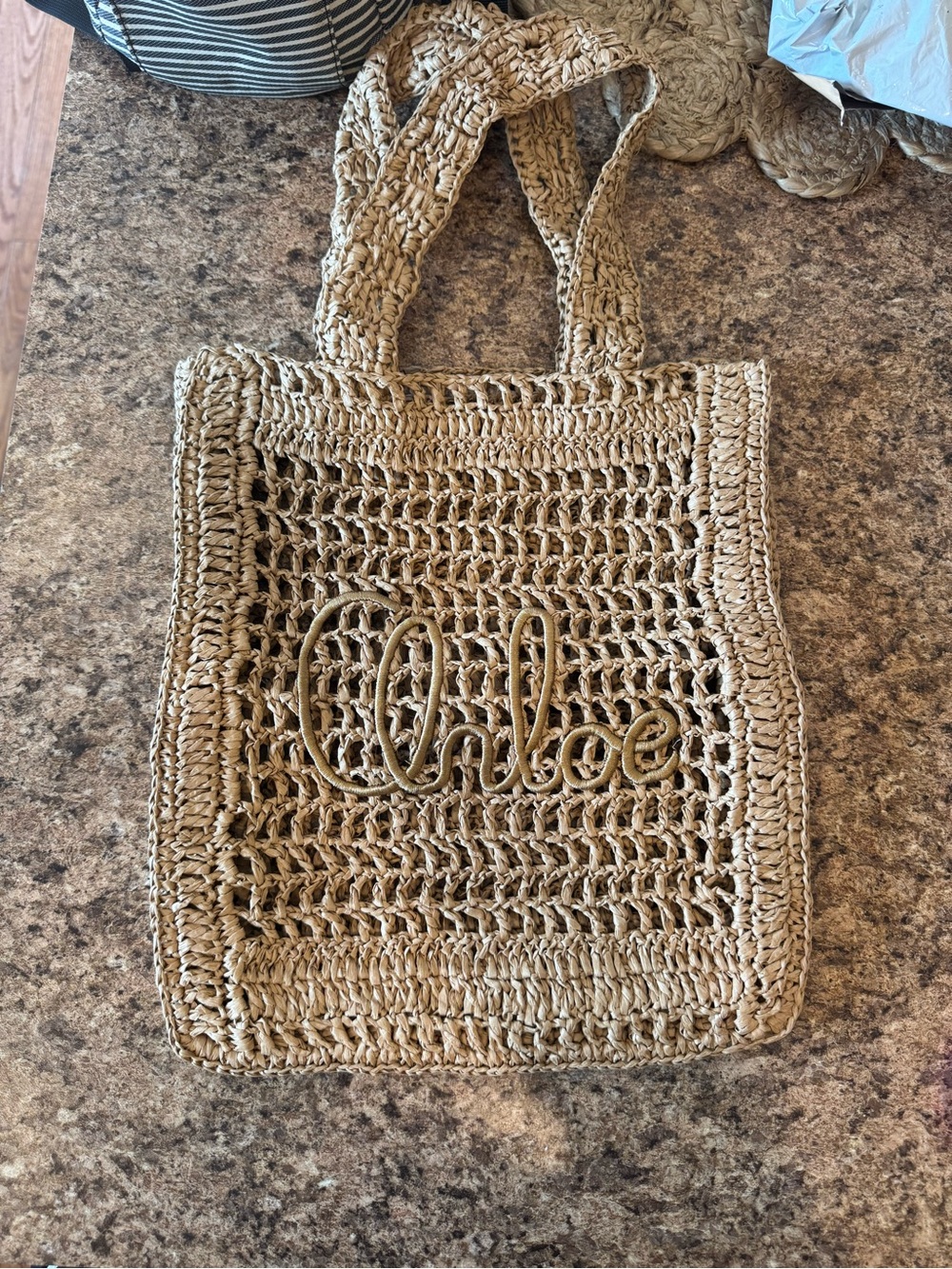 Chloe Beige Woven Straw Tote with Script Logo